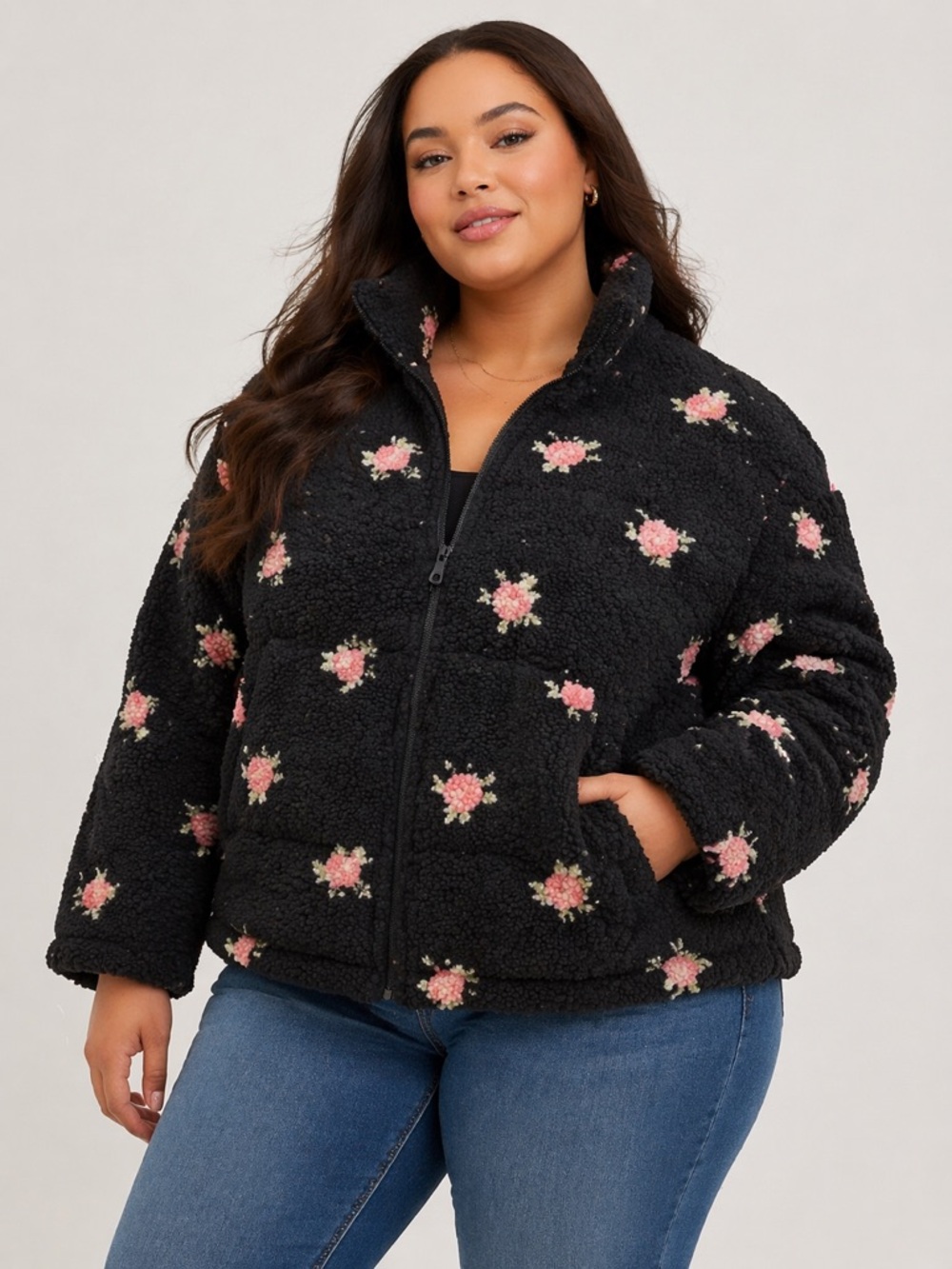 Torrid Sherpa Floral Puffer Jacket women’s size 1X Black Pink Roses Cozy Zip Up
